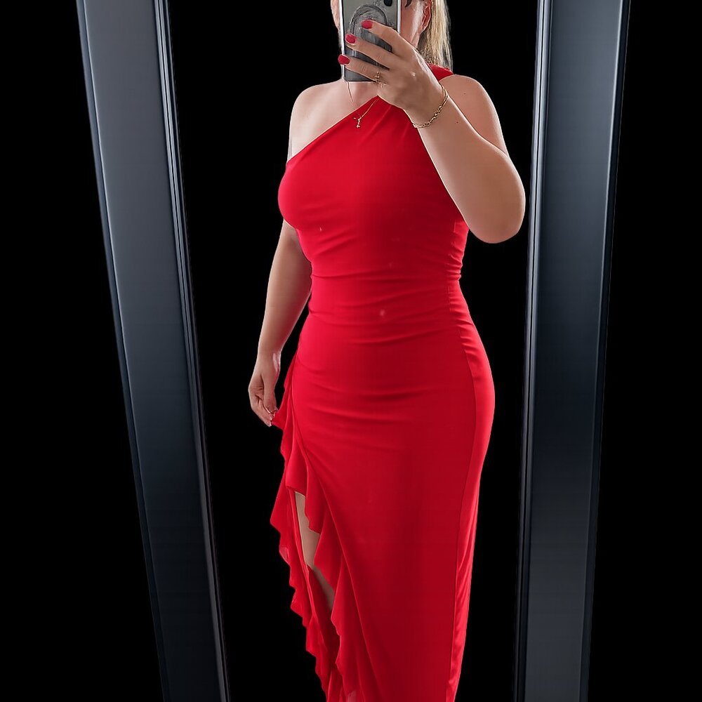 Summer Mesh Maxi Dress One Shoulder Side Slit Ruffle Prom Party Red LARGE